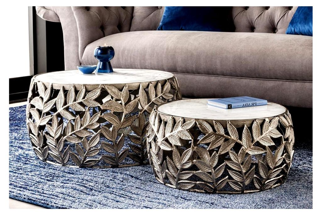 Rundes 2er Set Couchtische Abstract Leaf 70cm weiß Silber Marmor Metall Blatt-Design