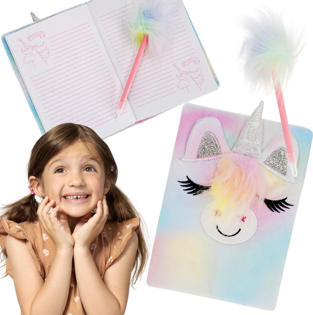 Plüsch-Tagebuch/Notizbuch Einhorn + Stift, Geschenkset