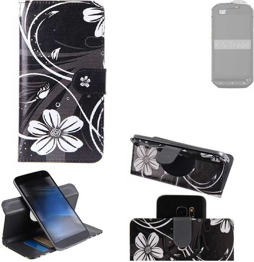 K-S-Trade Schutzhülle Handyhülle kompatibel mit Cat S60 Hülle 360° Wallet Case ''Flowers'' Klapphülle Hülle schwarz-weiß 1x