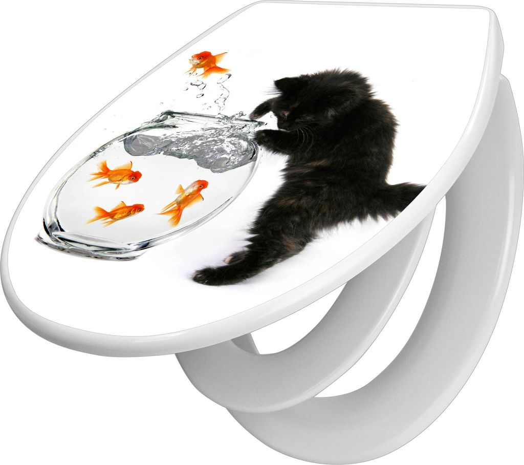 banjado Familien WC Sitz mit Absenkautomatik 37x44,5x5cm -Katze Und Fisch - Klodeckel/Klobrille mit kindersitz aus hochwertigem Polypropylen - univ...