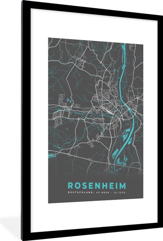MuchoWow Gerahmtes Poster Stadtplan - Karte - Rosenheim - Blau - Deutschland - Karte 60x90 cm - Poster mit Schwarzem Bilderrahmen Wandposter Rahm...