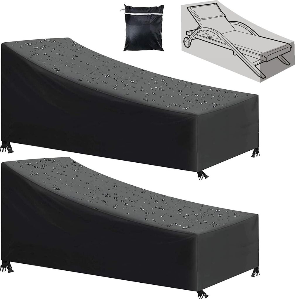 2-teilige Gartenliegestuhl-Abdeckung, wasserdicht, winddicht, UV-beständig, 210D Oxford-Gewebe, Schwarz (210 x 75 x 80/40 cm)