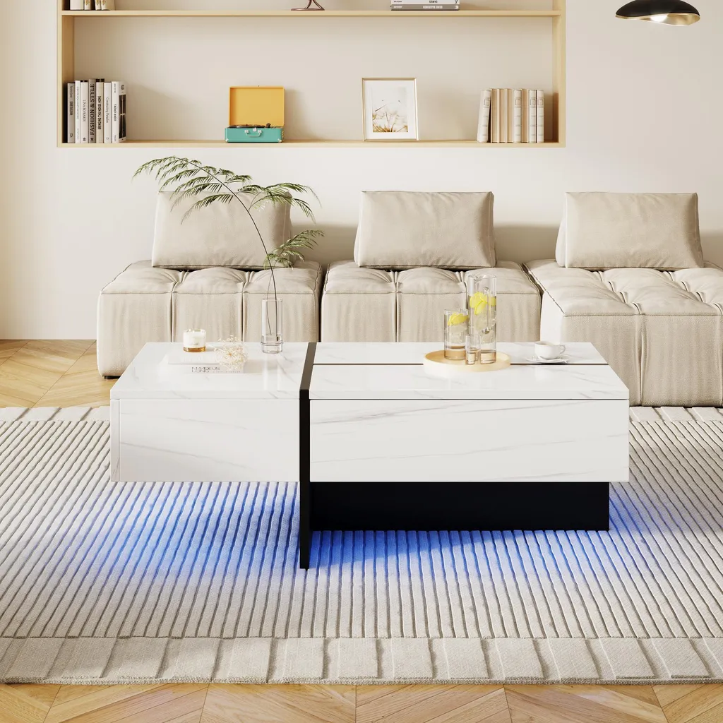 Table Basse LED Multicolore avec Tiroirs Pratiques - Design Blanc MDF - 8