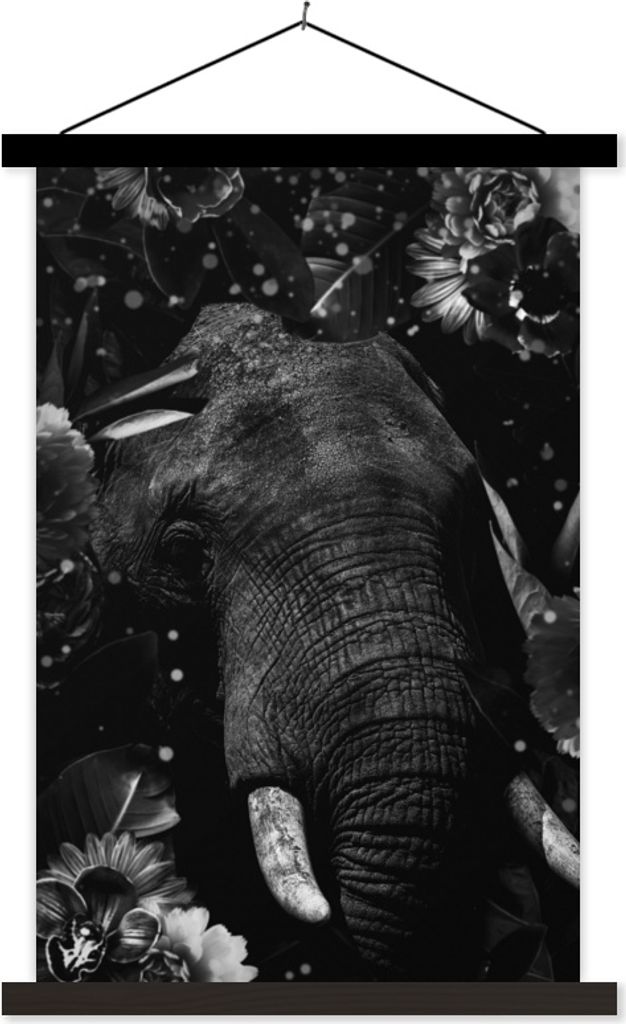 MuchoWow Textilposter Botanischer Elefant mit hellen Kugeln auf abgedunkeltem Hintergrund - schwarz und weiß 120x180 cm mit schwarzem Rahmen - F...