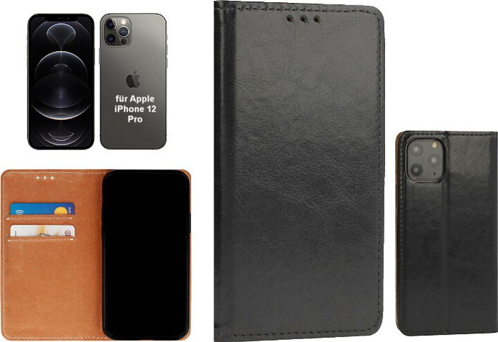 OLLI BookCase - für Apple iPhone 12 Pro – REAL LEATHER black, aus handgefertigtem, schwarzen Echtleder