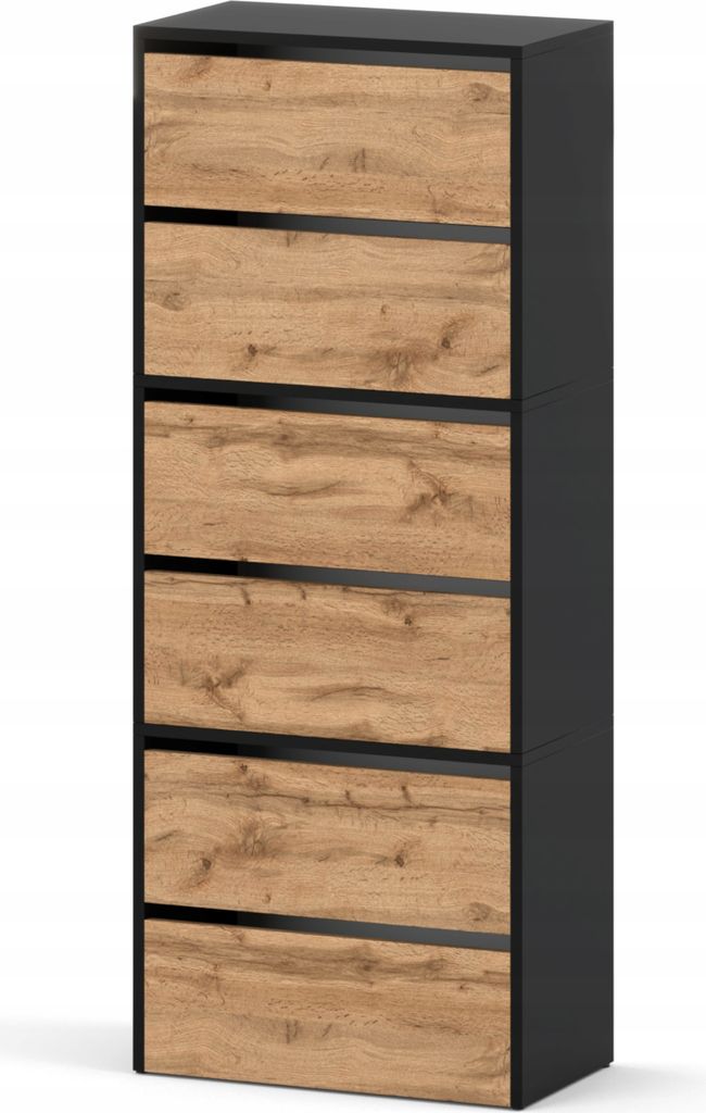 A tall, narrow shoe cabinet with five drawers, each featuring a wood-grain front and a black accent strip.