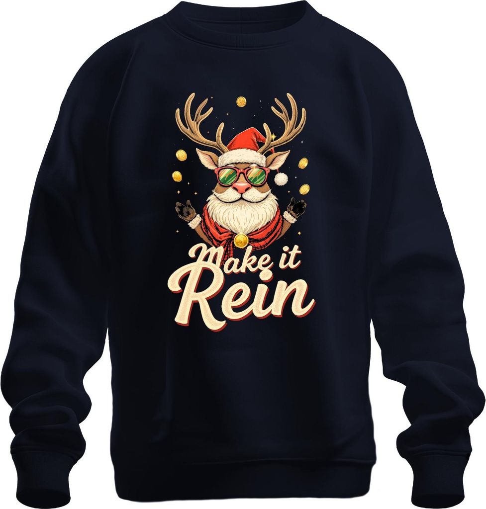 Make it Rein Weihnachtsrentier Sonnenbrille Bart lustig Retro Uni Sweatshirt Pullover, Navy, L