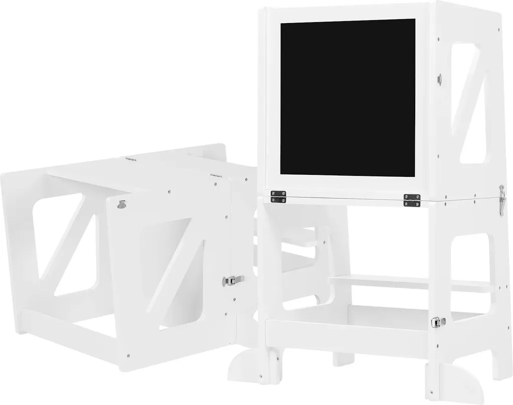 Torre Montessori 3 in 1: Trasformabile in Tavolino e Sgabello Bianco