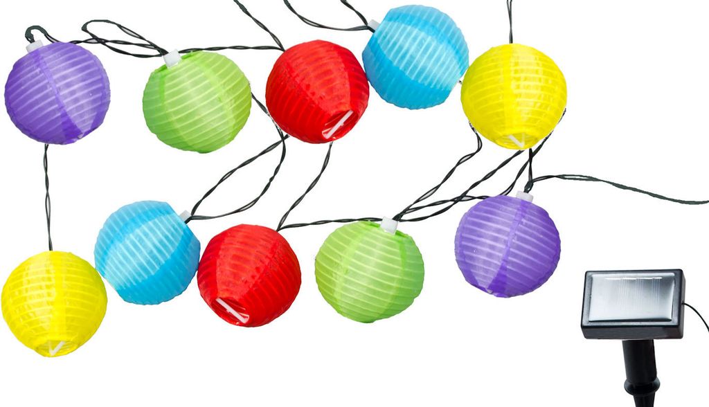 A string of colorful solar-powered lantern lights with a solar panel.