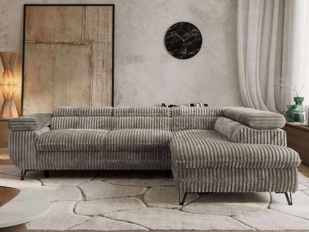 Couch mit Schlaffunktion L-form Ecksofa Wohnzimmersofa mit Einstellbare Kopfstützen - PABLO L - Cord - Grau - Rechts