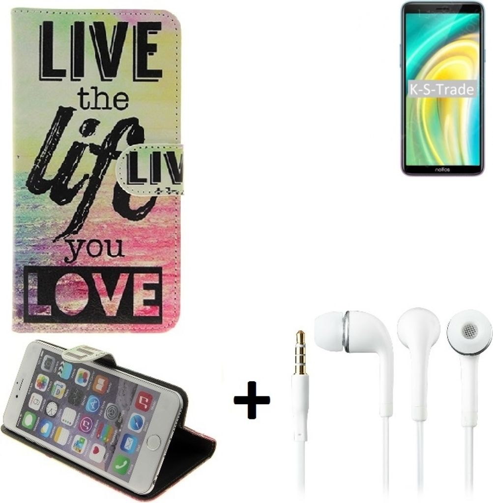 K-S-Trade Schutz Hülle kompatibel mit TP-LINK Neffos A5 360° Wallet Case ''live life love'' Tasche Handy Hülle Etui Smartphone Flip cover