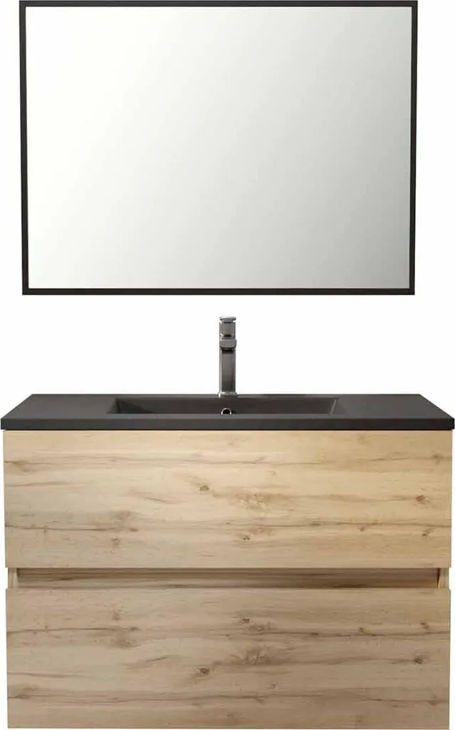 Meuble de Salle de Bain TIMBER 80 Chêne et Vasque Noire avec Miroir
