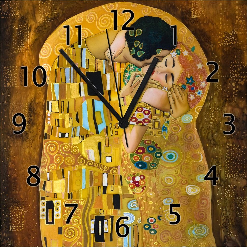 Wallario Design Wanduhr Der Kuss von Klimt aus Echtglas, Größe 30 x 30 cm