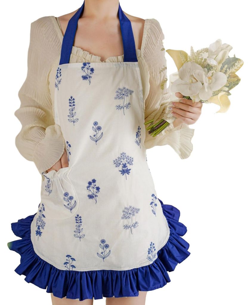 Küchenschürze für Damen mit Taschen und Kapuze, geblümte Baumwollschürze, leichte und atmungsaktive Kochschürze im Vintage-Stil mit Rüschen ...
