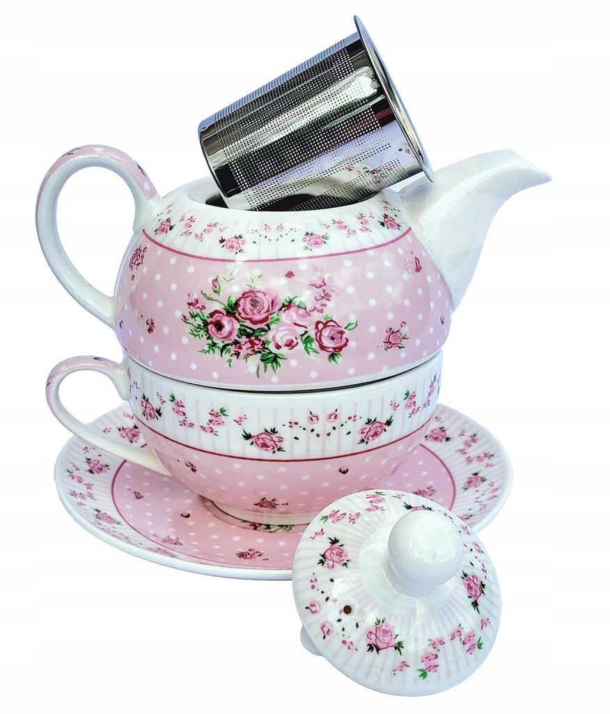 Porzellan Tea-For-One Set Rosa mit Teekanne 400 ml Tasse 270 ml & Edelstahl-Filter – Teeservice mit Geschenkbox für Tee Liebhaber