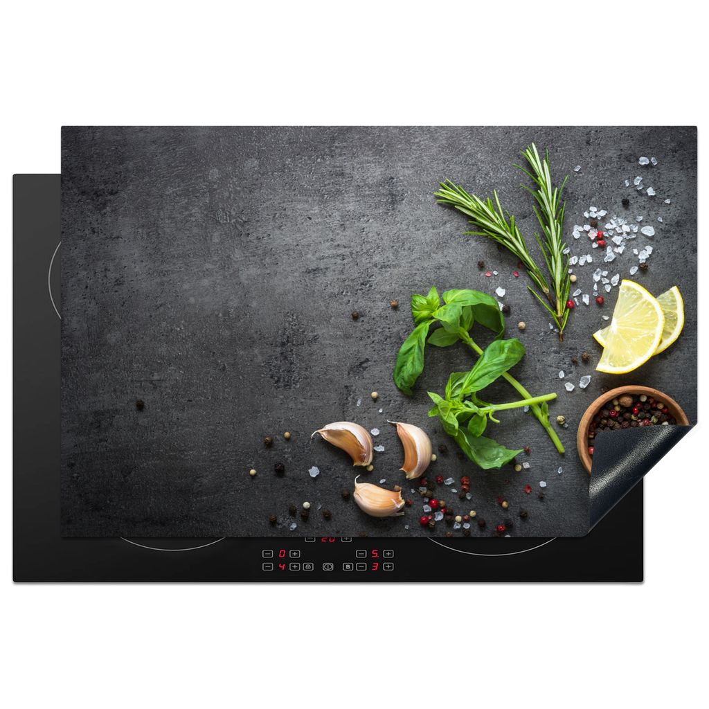 KitchenYeah Herdabdeckplatte Limette - Kräuter - Gewürze - Grün - Grau - Beton , 80x52cm, Küche Deko, Glaskeramikkochfeld Herdabdeckung, Abde...