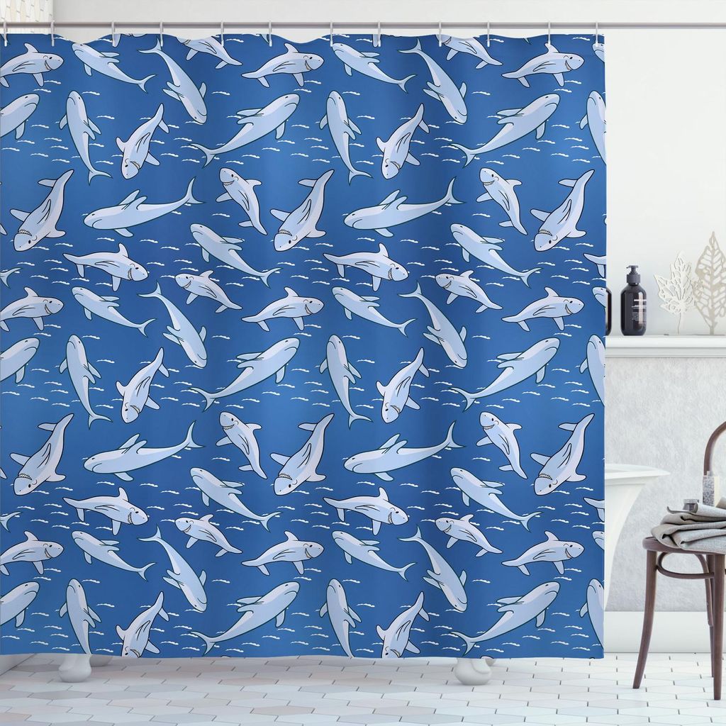 ABAKUHAUS Hai Duschvorhang, Rhythmische Lächeln Carnivore Motive Aquatic Thema Motive Illustration, 175 x 180 cm, Sea Blue Pale Ceil Blau