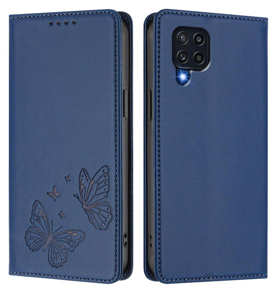 Lederhülle für Samsung Galaxy M32 4G, Schmetterling Prägung Leder Brieftasche Schutzhülle mit Ständer Dunkelblau