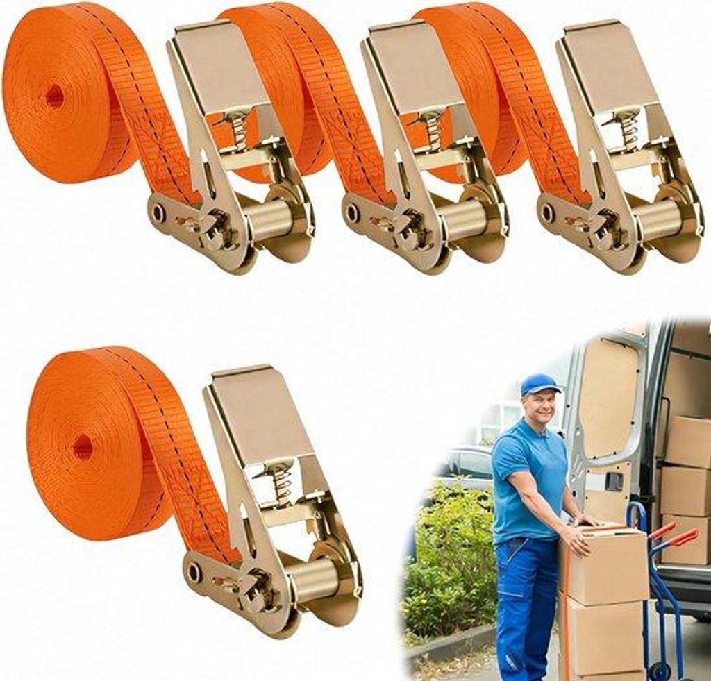 Verstelbare Spanbanden 25 cm x 2 m - 1000 kg - Orange - Set aus 4 Stücken Spanbanden mit Rassel