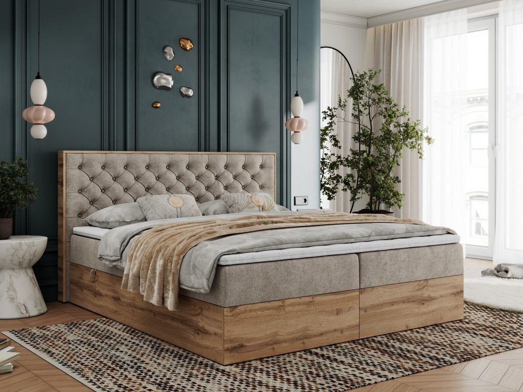 Boxspringbett, Deko, Doppelbett, Polsterbett mit Bettkästen und Multipocket-Matratze, Eiche Wotan holzrahmen - Albero-3 - 140x200cm - Beige Strukt...