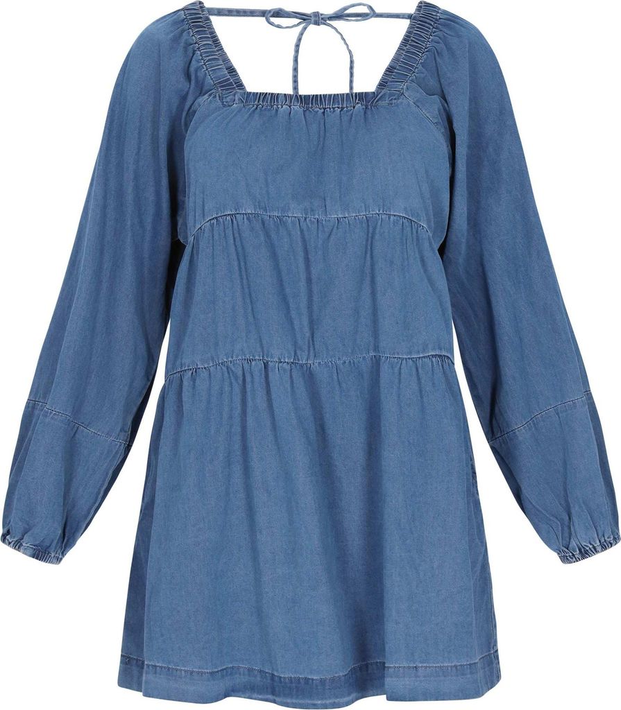 Damen Kleid blau L mit eckigem Ausschnitt und Laternenärmeln mit elastischen Bündchen