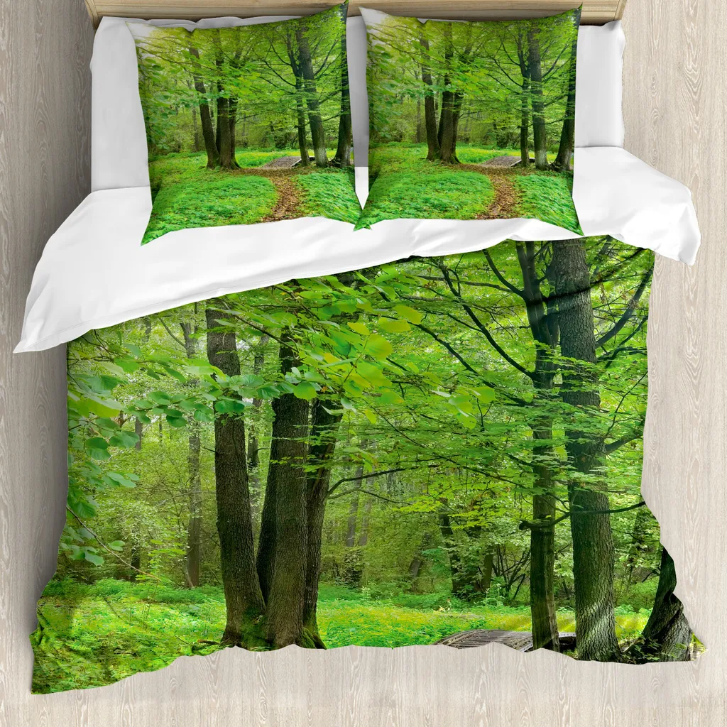 ABAKUHAUS Copripiumino naturale, alberi estivi tranquilli, antiacaro, adatto a chi soffre di allergie, con federe, 155 cm x 220 cm - 80 x 80 cm, verde felce marrone