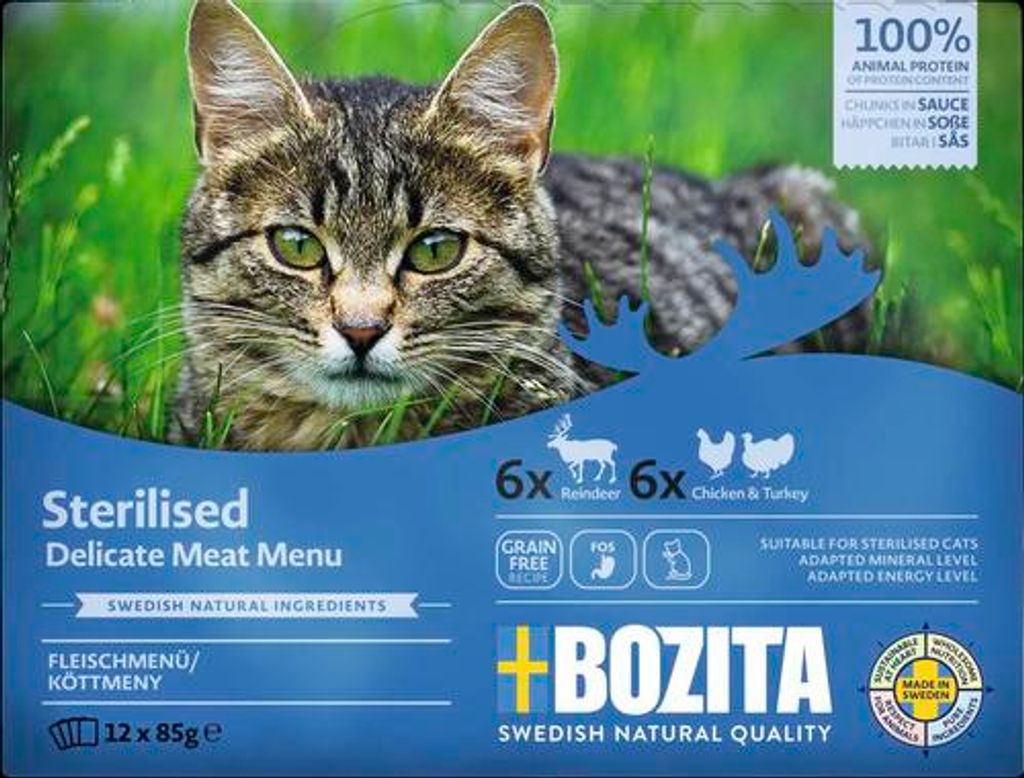 Katzenfutter nass BOZITA Delicate Meat Menu Sterilised Häppchen in Sauce mit Fleisch Multibox 12 x 85 g