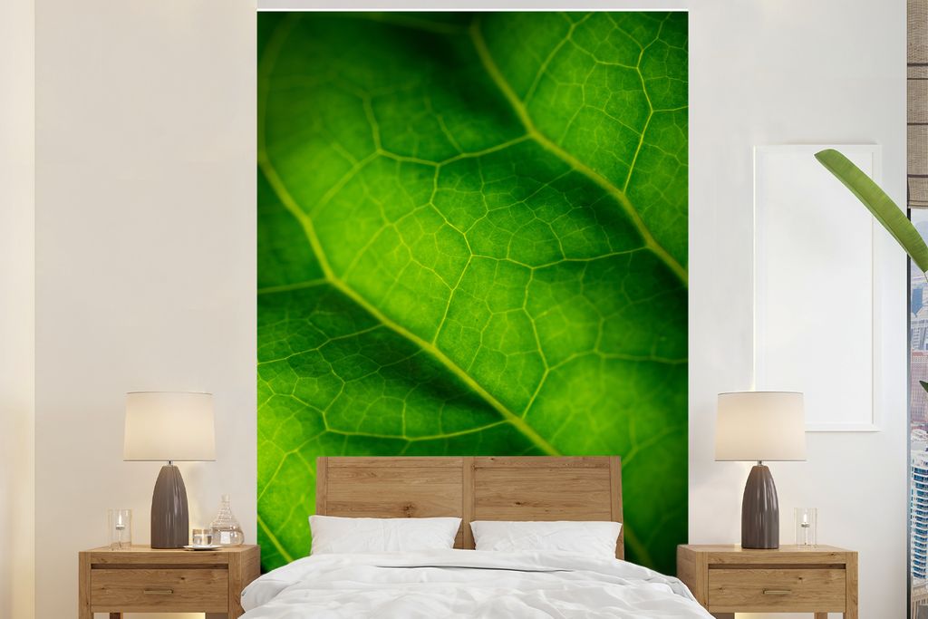 MuchoWow Fototapete für Wohnzimmer oder Schlafzimmer Wandtapete Vinyl Motivtapete Grüne Farben eines botanischen Blattes - 145x220 cm - Wanddek...