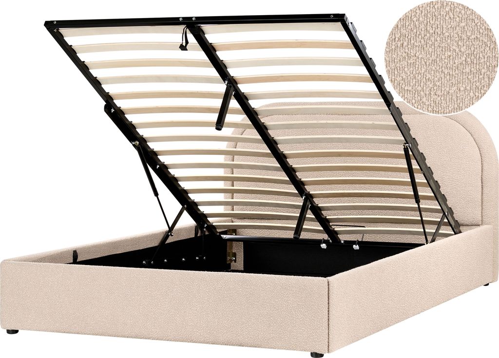 BELIANI Polsterbett Beige Bouclé Bettrahmen mit Lattenrost 140x200 cm Bettkasten Hochklappbar Hohes Kopfteil Modern Schlafzimmer Doppelbett