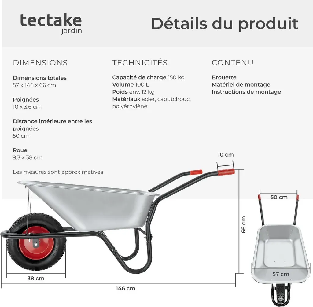 Brouette de jardin Oskar acier robuste roue gonflable finition argent