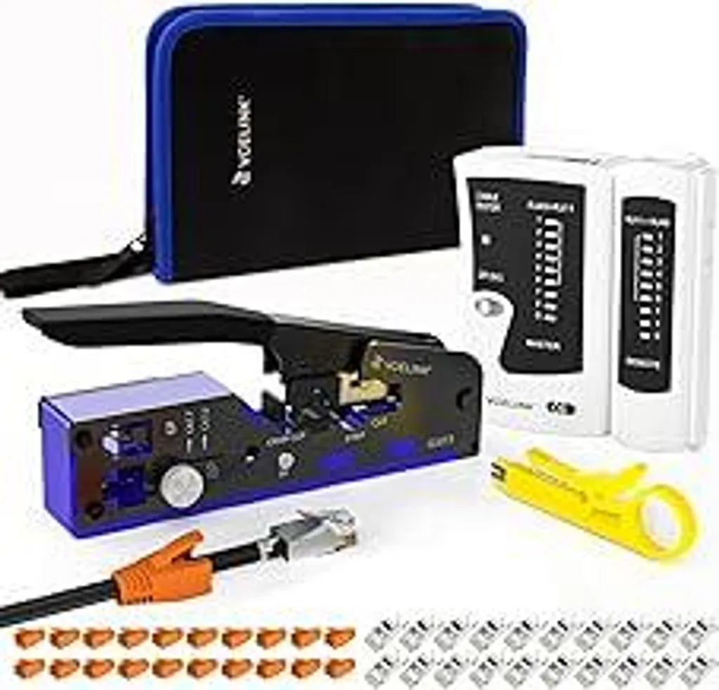 Set di utensili per rete VCELINK, pinza crimpatrice RJ45 con 20 connettori RJ45 Cat7/Cat6a Pass Through, tester di rete, pinza spellafili, utensili professionali per riparazioni RJ45/RJ11/RJ12, borsa in tessuto