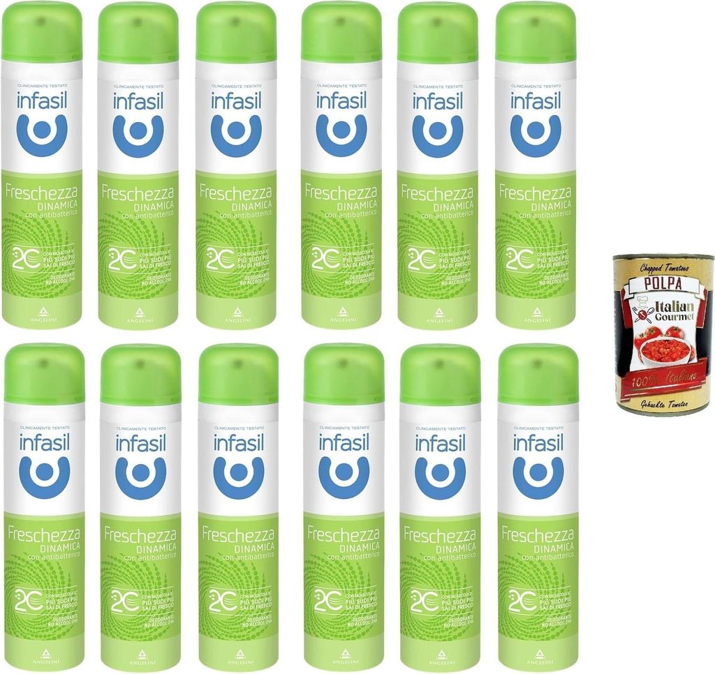 Infasil Deospray für dynamische Frische mit Molekül 2C, ohne Alkohol, wirksam bis zu 24 Stunden, 12x 150 ml + Italian Gourmet polpa 400g