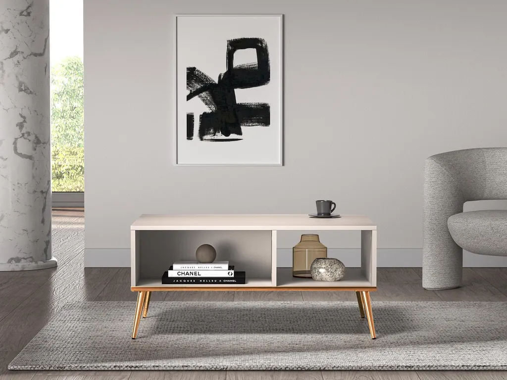 Table Basse 90cm Beige avec Pieds Dorés Selgin - Finition Haut de Gamme - 3
