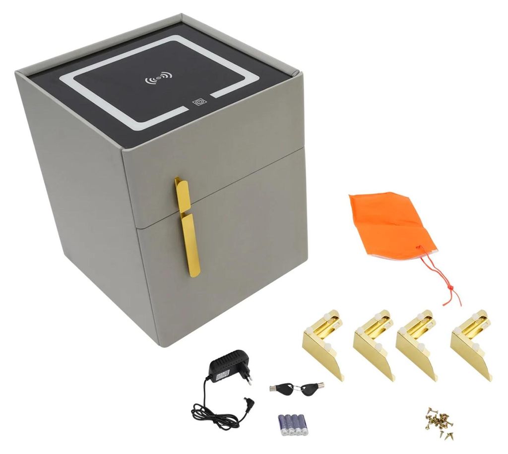 Smart Nachttisch - Bettkommode - integrierter Safe mit Schloss - Bluetooth Handy Ladefunktion - LED Beleuchtung - Holz modern - Dunkelgrau