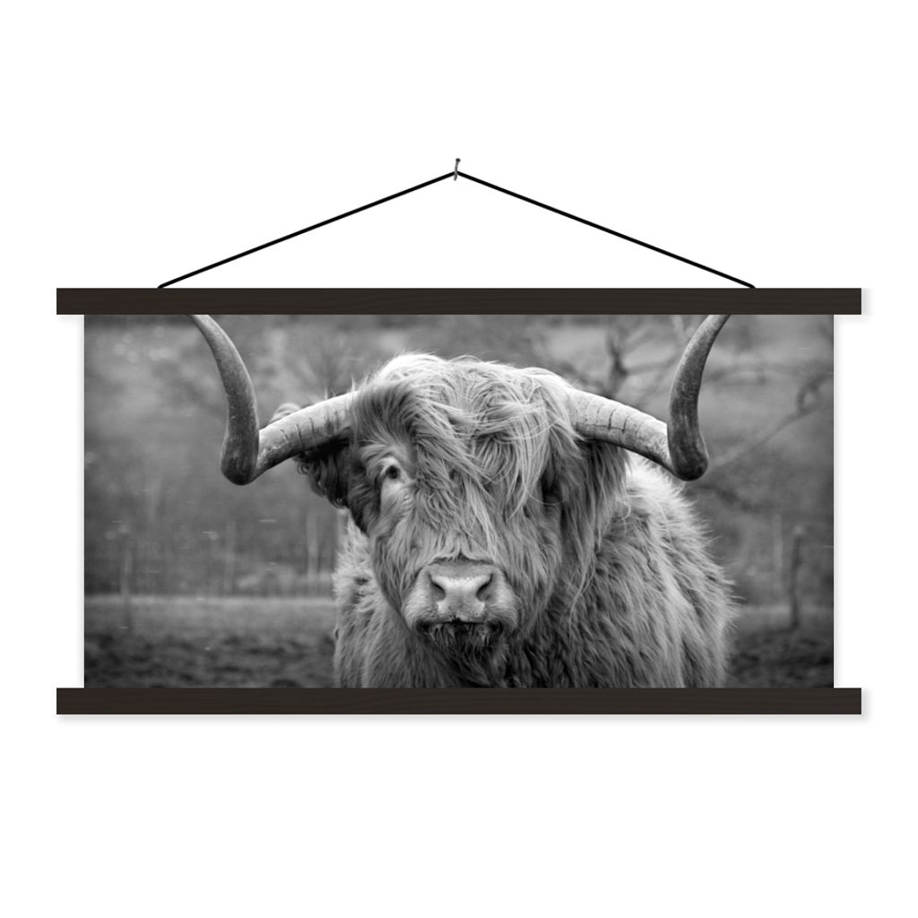 MuchoWow Textilposter Schottischer Highlander - Kuhkopf - Landschaft - Natur - Kuh 90x45 cm mit schwarzem Rahmen - Klemmleisten
