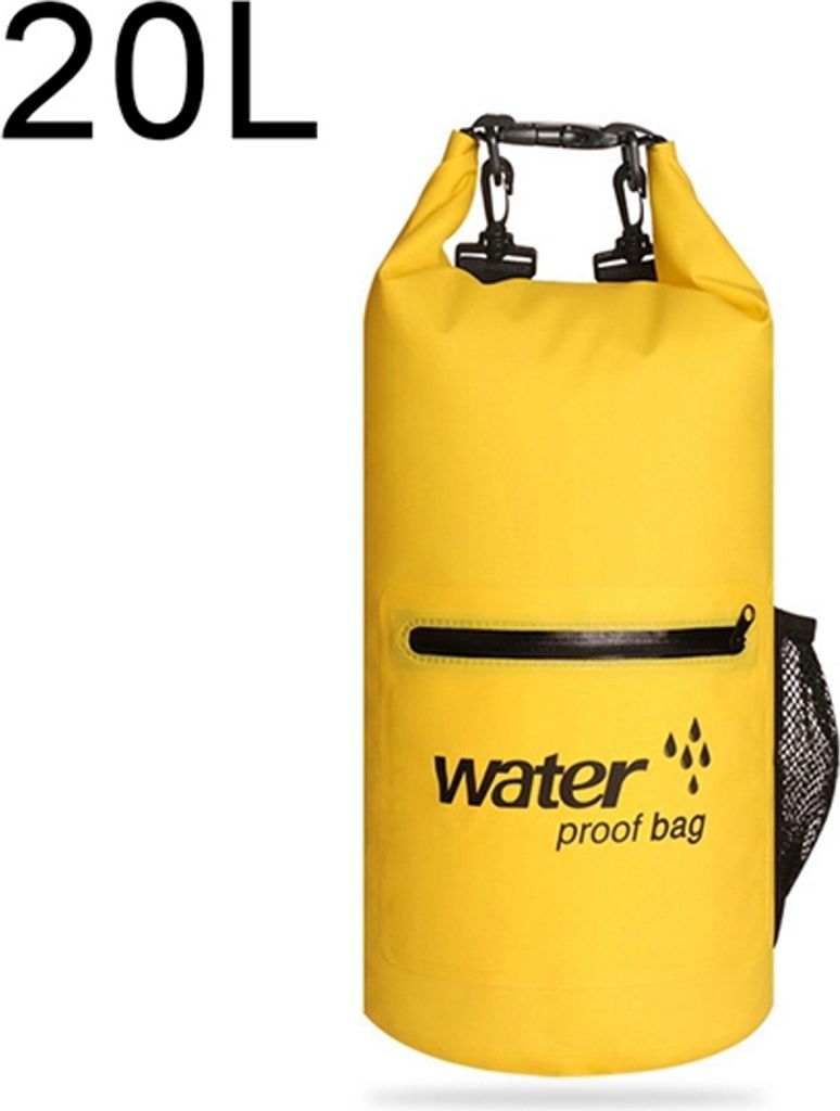 Drybag 20L in Gelb, wasserdichter Seesack, Rollbeutel mit zusätzlicher Netztasche, Reissverschlusstasche und 2 Tragegurten zur Verwendung als Ruck...
