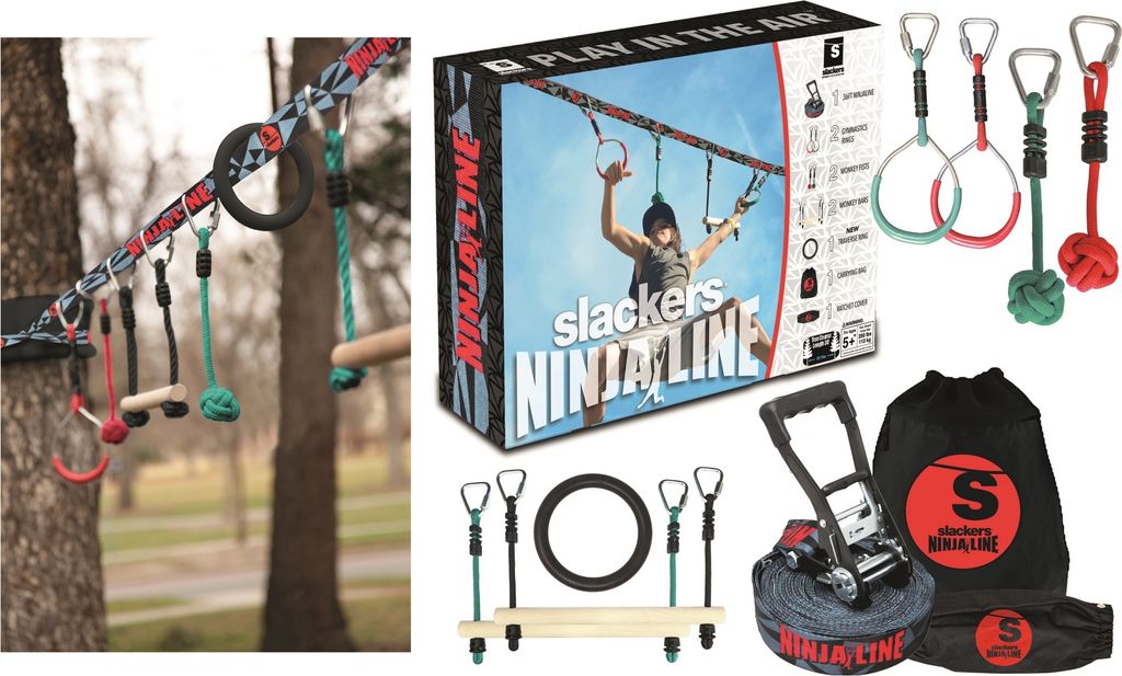 A collage of images showing a Slackers Ninja Line set, including the line, accessories, and packaging.