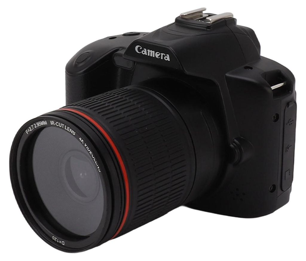 A black digital camera with a lens attached, shown from a side-angle against a white background.