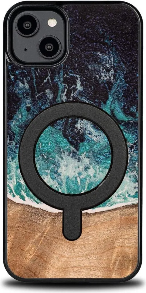 Custodia in legno per iPhone 14 Plus, Bewood Unique Dream Island per MagSafe, blu-marrone
