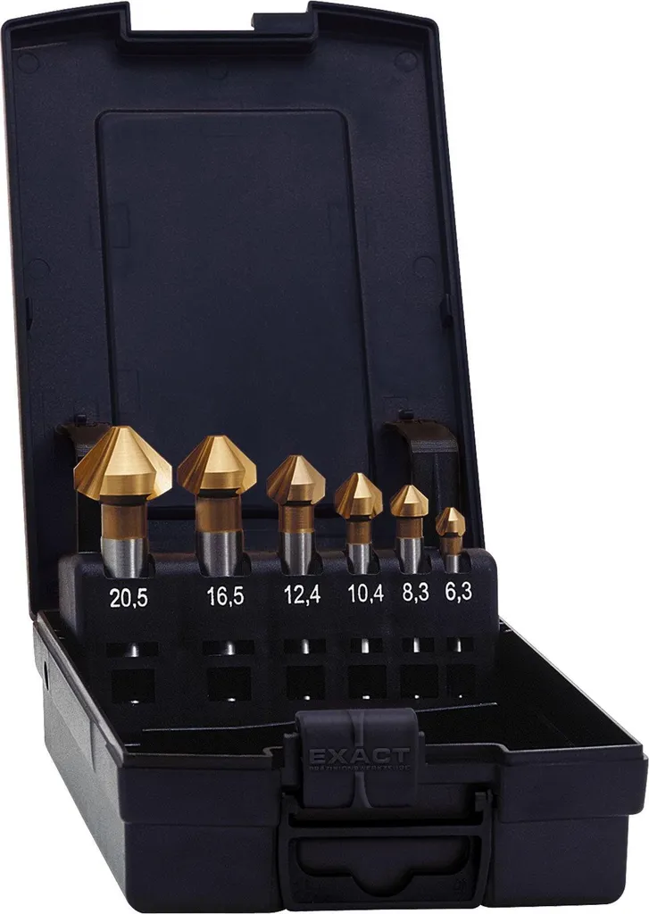 Jeu de 6 fraises coniques à lamer EXACT HSS-TiN 90° Ø 6,3 à 20,5mm DIN335