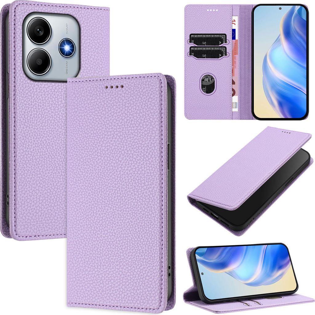 Litchi Leder Handyhülle für Xiaomi Redmi Note 14 4G Wallet Kartenfächer Standfunktion Hülle Violett