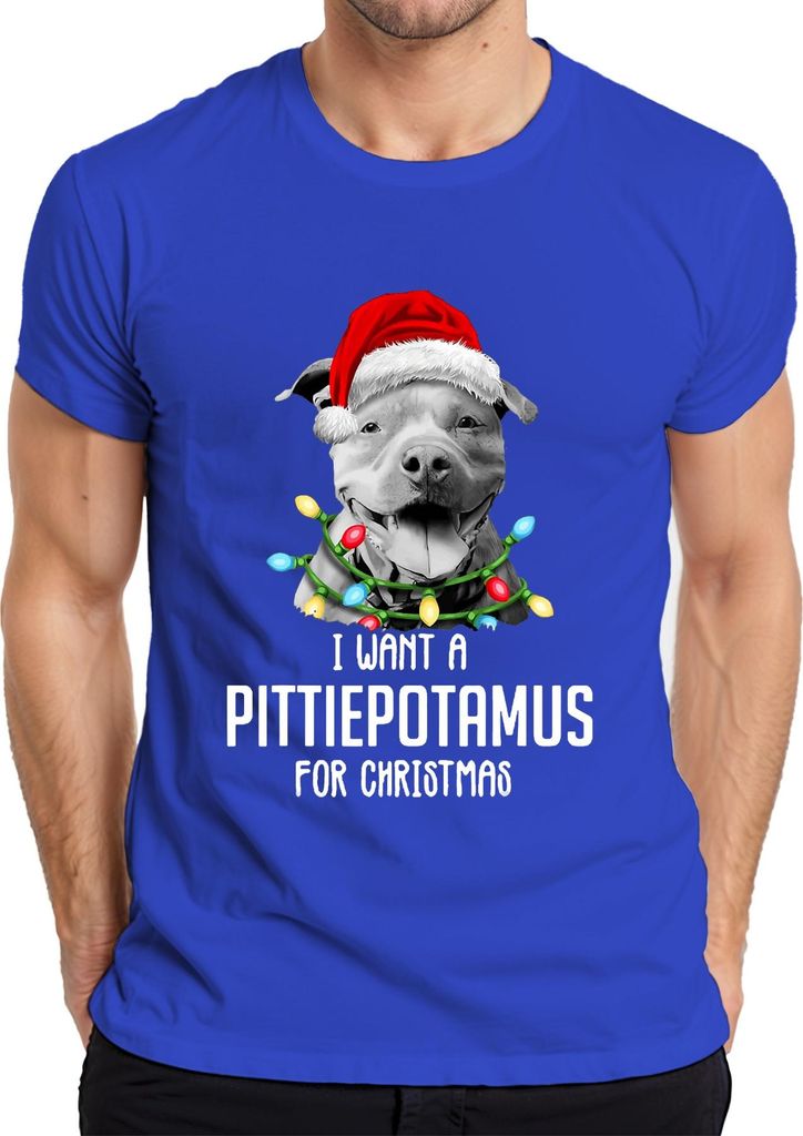 I Want A Pittiepotamus For Christmas Pitbull Santa Hat Funny Gift Herren T-Shirt, Blau, XL