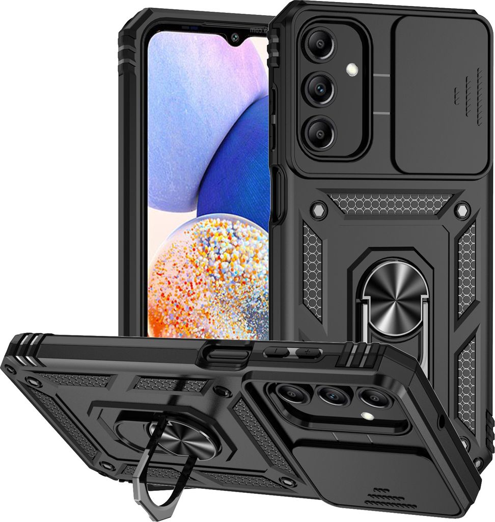 A black phone case with a sliding camera cover and a ring holder is displayed from multiple angles.