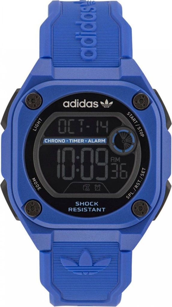 A blue Adidas digital watch is shown against a white background.