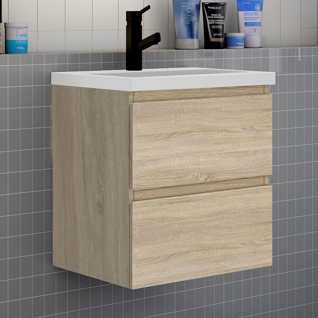 Badezimmermöbel 60cm CINIC-Serie Mineralguss Waschtisch mit Unterschrank Hängeschrank Badezimmerschränke mit 2 Schubladen Eiche