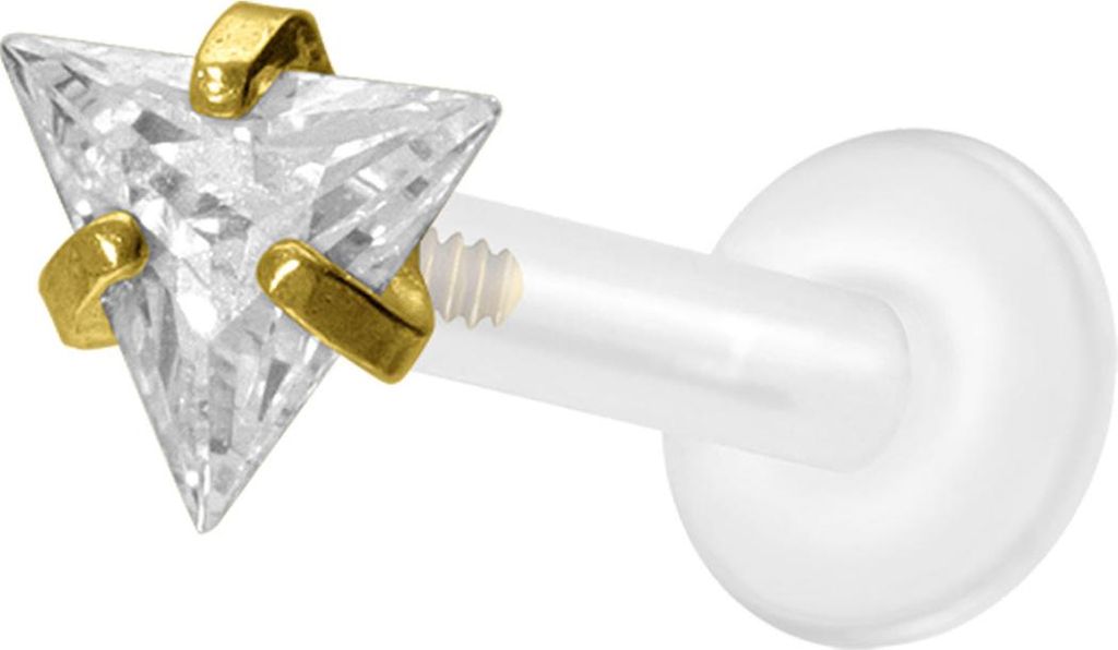 Ohrpiercing, Nasenpiercing PTFE Labret mit Innengewinde + Titan-Aufsatz EINGEFASSTES KRISTALLDREIECK Gold Stablänge: 10mm | Stabstärke: 1,6mm