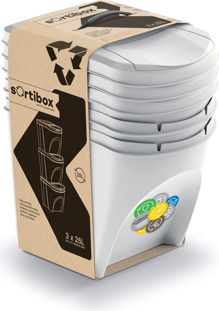 A set of three white Sortibox waste bins stacked together, presented in their packaging.