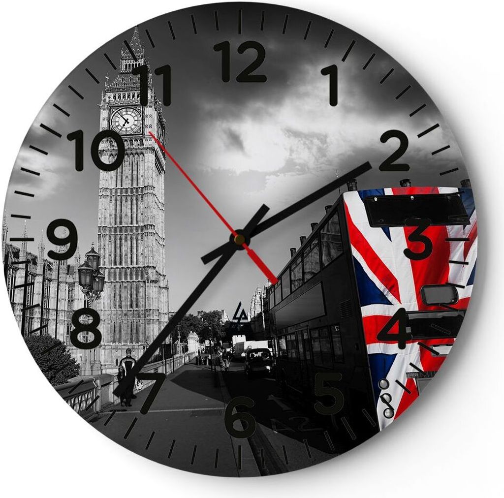 Wanduhr - Rund - Glasuhr - Bus London Big Ben Gebäude - 40x40cm - Schleichendes Uhrwerk - Lautlos - zum Aufhängen bereit - Dekoration Modern - Wa...