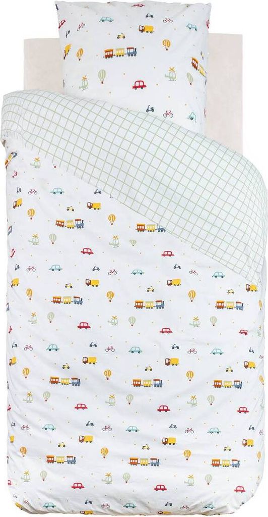 A top-down view of a child's duvet cover and pillowcase set with a playful pattern of trains, cars, and hot air balloons.