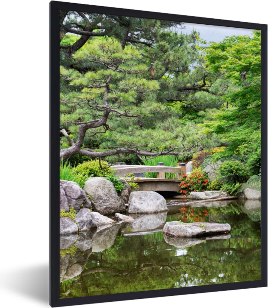 MuchoWow Gerahmtes Poster Japanisch - Natur - Wasser - Steine - Bäume 60x80 cm - Poster mit Schwarzem Bilderrahmen Wandposter Rahmen Foto Bilder...